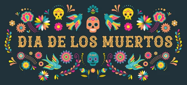 Dag van de dood, Dia de los moertos, banner met kleurrijke Mexicaanse bloemen. Fiesta, vakantie poster, flyer van de partij, wenskaart — Stockvector