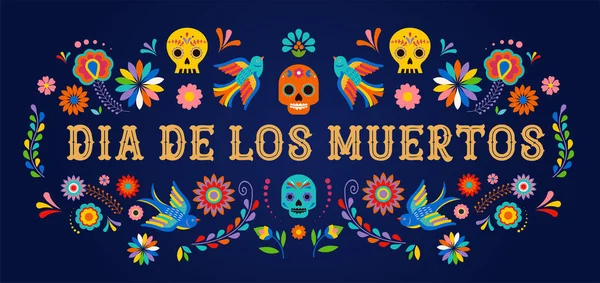 Day of the dead, Dia de los moertos, banner with colorful Mexican flowers. Fiesta, holiday poster, party flyer, greeting card — Stock Vector