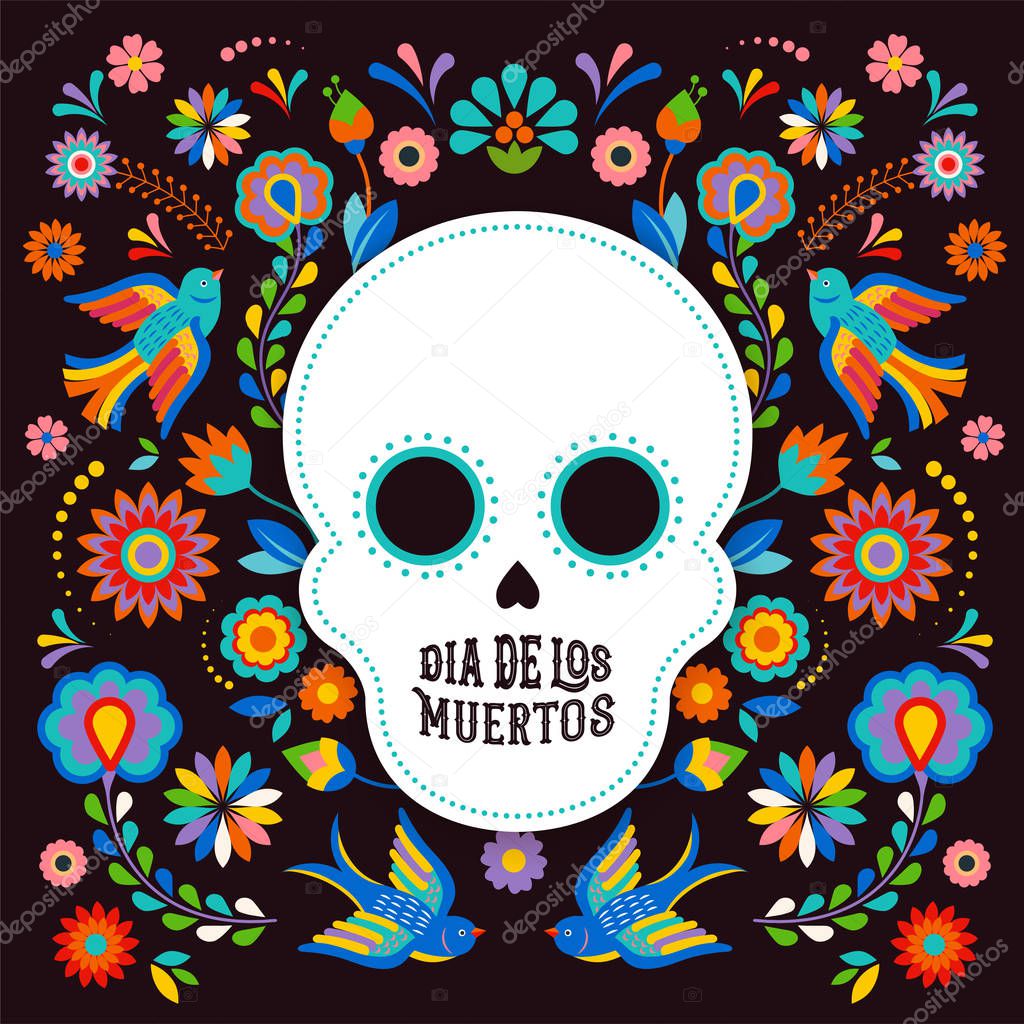 Day of the dead, Dia de los moertos, banner with colorful Mexican flowers. Fiesta, holiday poster, party flyer, greeting card