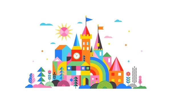 Geométrico reino de cuento de hadas, caballero y princesa castillo, sala de niños, decoración de la pared de la clase. Ilustración vectorial colorida — Archivo Imágenes Vectoriales