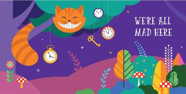 Alice Harikalar Diyarında afiş, poster ve kart. Biz burada kızgın mısın. Vektör arka plan