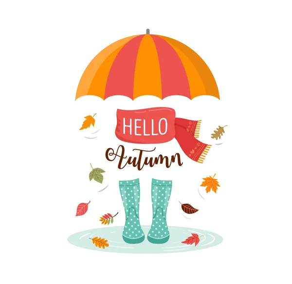 Autumn, fall season background, rain rubber boots with autumn leaves and flowers, scarf and umbrella — Stock Vector