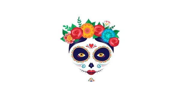 Día de los muertos, Día de los muertos, fiesta mexicana, festival. Póster, pancarta y tarjeta con maquillaje de cráneo de azúcar, mujer con flores — Archivo Imágenes Vectoriales