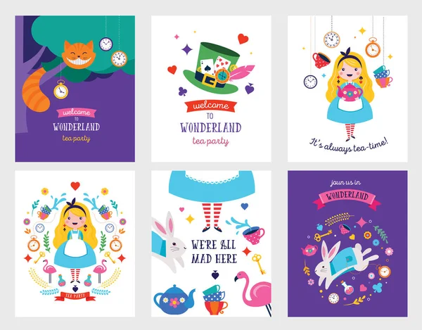 Alice in Wonderland spandoek, poster en kaart. Wij zijn hier gek — Stockvector