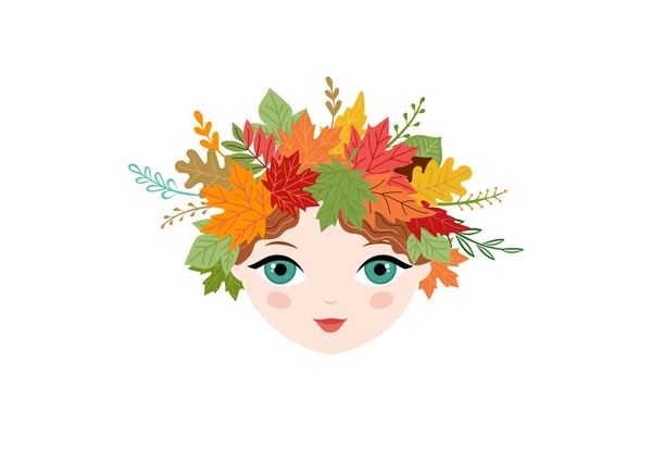 Olá Outono, Outono temporada de fundo. Menina com circlet de flores de outono e folhas —  Vetores de Stock