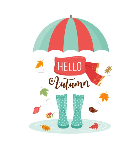 Autumn, fall season background, rain rubber boots with autumn leaves and flowers, scarf and umbrella — Stock Vector