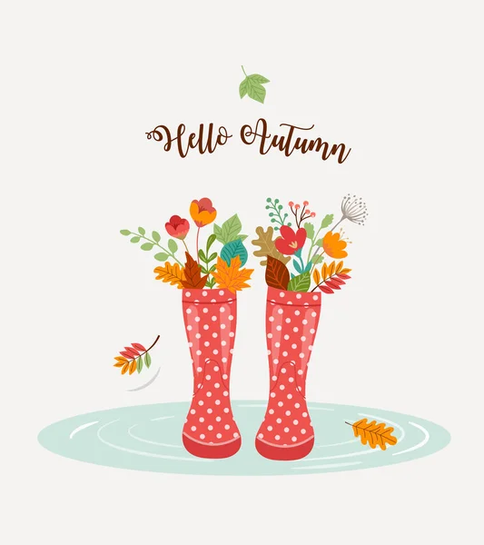 Φθινόπωρο, φόντο σεζόν πτώση, βροχή μπότες από καουτσούκ με φθινοπωρινά φύλλα και λουλούδια, κασκόλ και ομπρέλα — Διανυσματικό Αρχείο