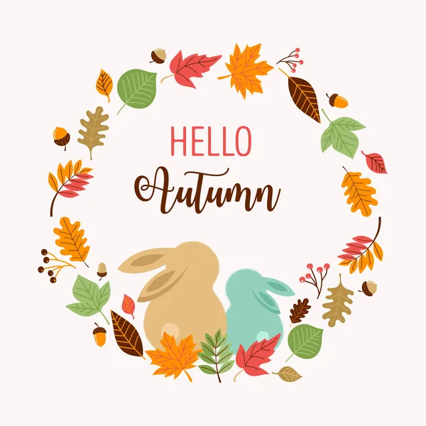Γεια σας το φθινόπωρο, Φθινόπωρο σεζόν φόντο. κουνελάκια και ένα στεφάνι από φύλλα — Διανυσματικό Αρχείο