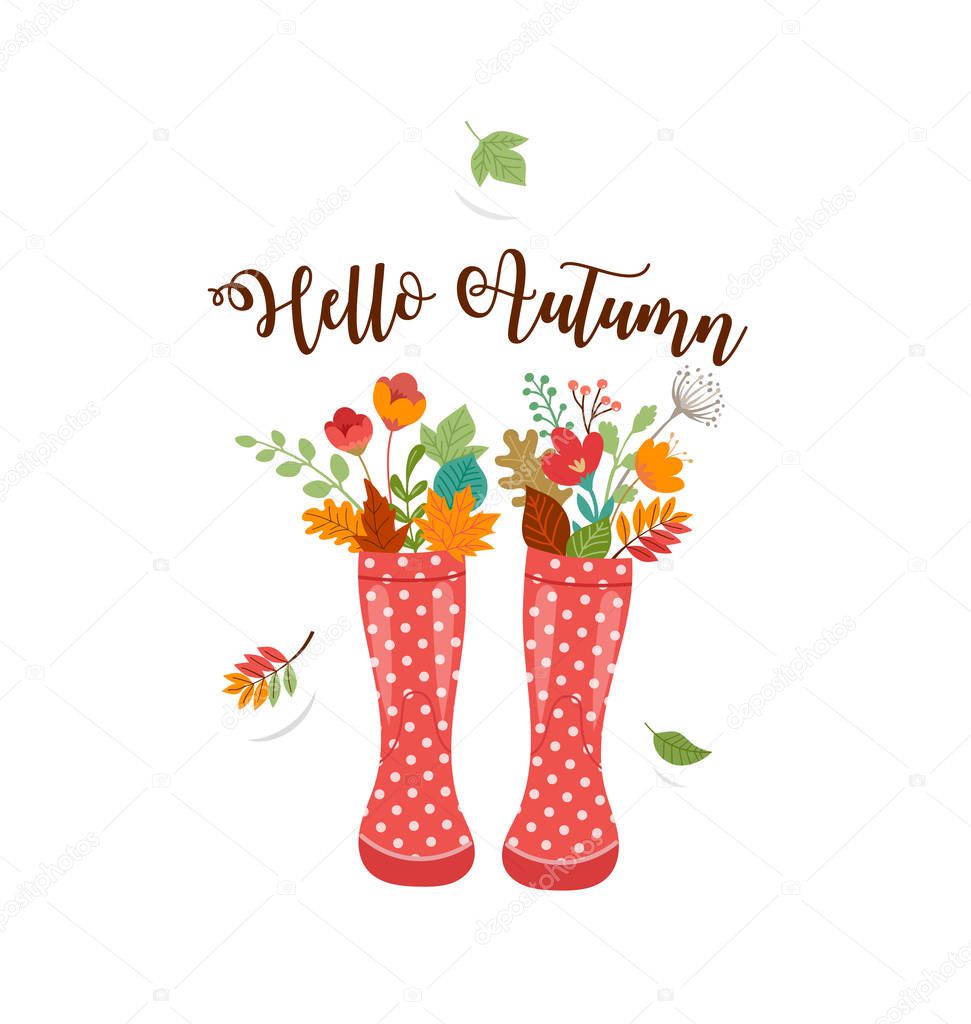 Autumn, fall season background, rain rubber boots with autumn leaves and flowers, scarf and umbrella