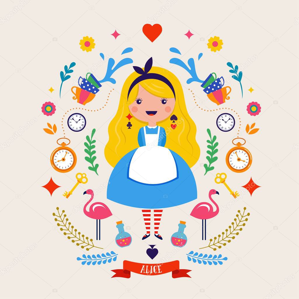 Alice in Wonderland banner, poster and card. We are mad here. Vector background