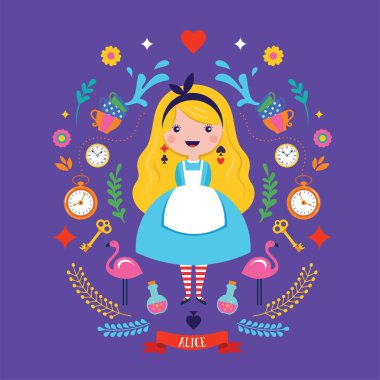Alice Harikalar Diyarında afiş, poster ve kart. Biz burada kızgın mısın. Vektör arka plan