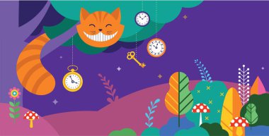 Alice Harikalar Diyarında afiş, poster ve kart. Biz burada kızgın mısın. Vektör arka plan