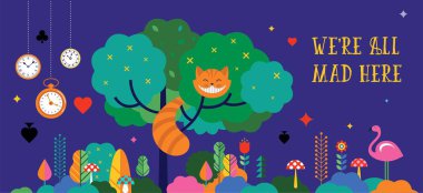 Alice Harikalar Diyarında afiş, poster ve kart. Biz burada kızgın mısın. Vektör arka plan