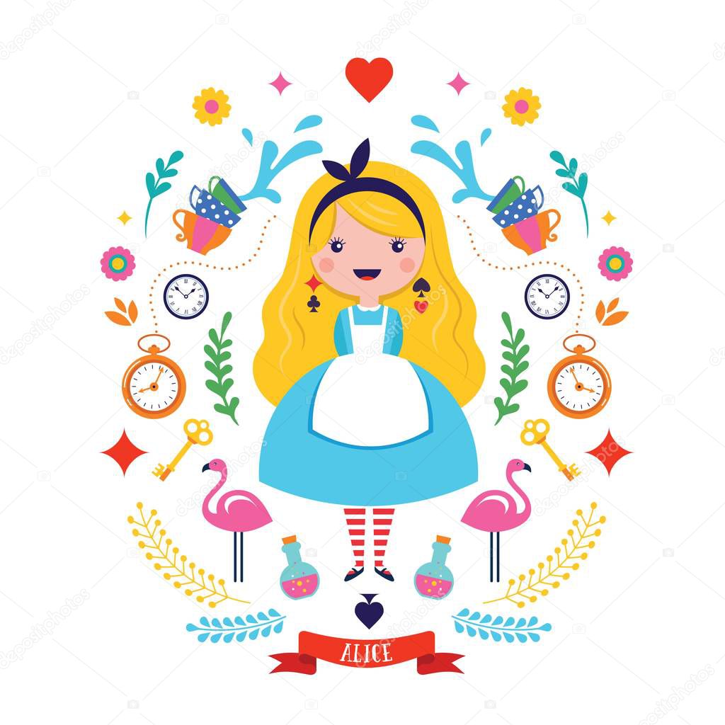 Alice in Wonderland banner, poster and card. We are mad here. Vector background