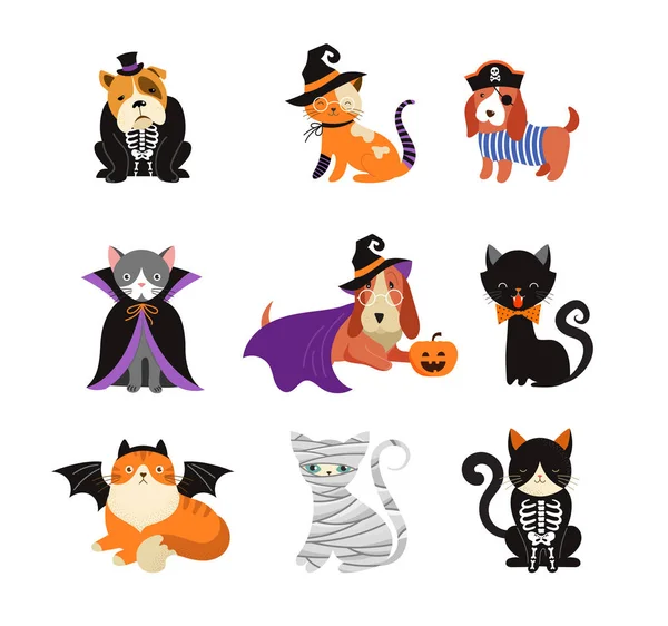 Счастливый Хэллоуин - кошки и собаки в костюмах монстров, вечеринка на Хэллоуин. Векторная иллюстрация, баннер, набор элементов — стоковый вектор