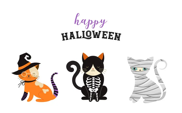 Feliz Halloween - gatos em fantasias de monstros, festa de Halloween. Ilustração vetorial, banner, conjunto de elementos —  Vetores de Stock