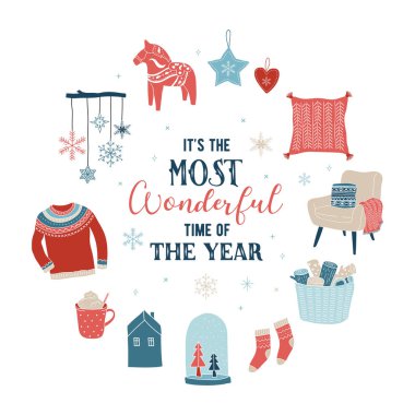 İskandinav tarzı, elle çizilmiş öğeleri, tırnak, yazı ile basit ve şık neşeli Noel tebrik kartı