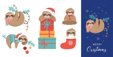 Şirin tembel, komik Noel resimler ile Noel Baba kostümleri, şapka ve kaşkol, tebrik kartları set, afiş
