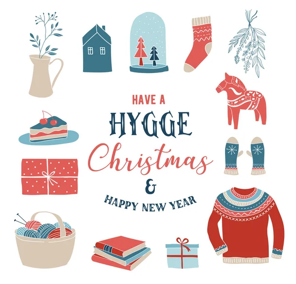 Hygge зимові елементи та дизайну концепцію, Різдвом картки, банер, фону — стоковий вектор