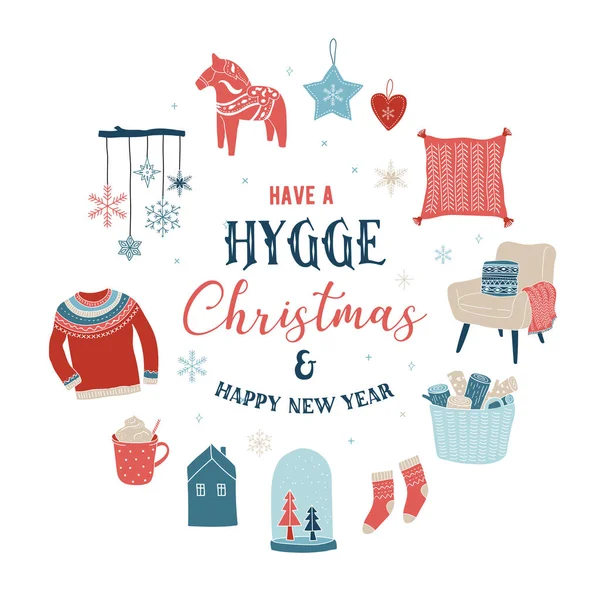 Hygge зимові елементи та дизайну концепцію, Різдвом картки, банер, фону — стоковий вектор
