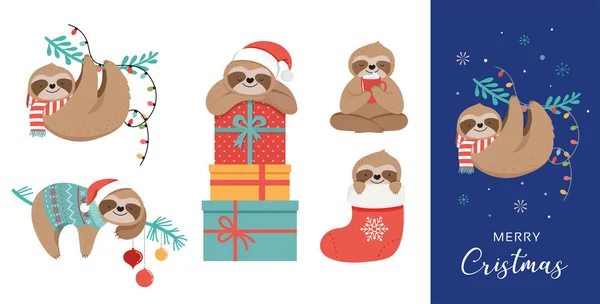 Χαριτωμένο βραδύποδες, αστείο Χριστούγεννα εικονογραφήσεις με στολές Άη Βασίλη, καπέλο και κασκόλ, σύνολο ευχετήριες κάρτες, πανό — Διανυσματικό Αρχείο