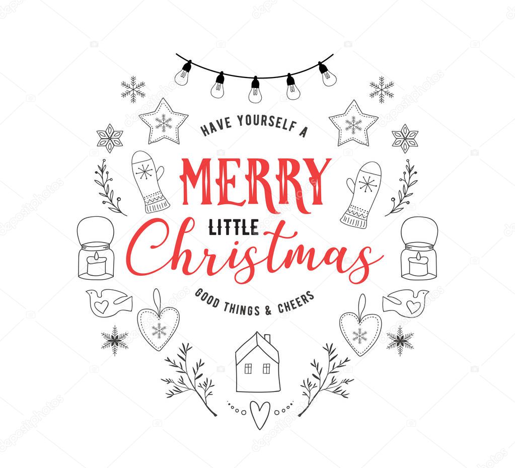 Scandinavian style, simple and stylish Merry Christmas greeting card with hand drawn elements, quotes, lettering