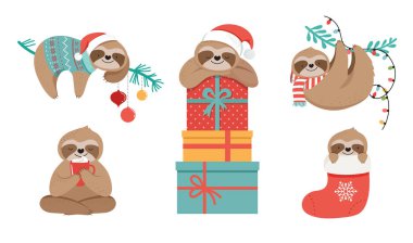 Şirin tembel, komik Noel resimler ile Noel Baba kostümleri, şapka ve kaşkol, tebrik kartları set, afiş