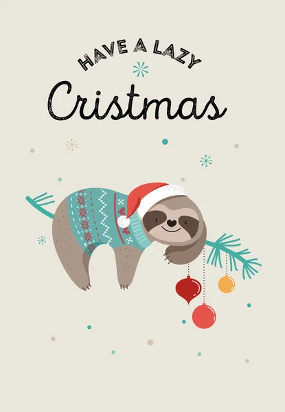 可爱的树懒, 滑稽的圣诞插图与圣诞老人的服装, 帽子和围巾, 贺卡设置, 横幅 — 图库矢量图片