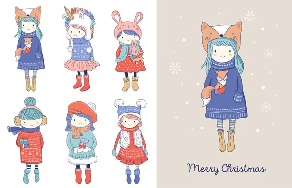 Dibujado a mano hermosa linda colección de niñas de invierno. Feliz Navidad tarjetas de felicitación diseño — Vector de stock