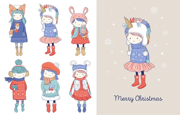 Dibujado a mano hermosa linda colección de niñas de invierno. Feliz Navidad tarjetas de felicitación diseño — Vector de stock