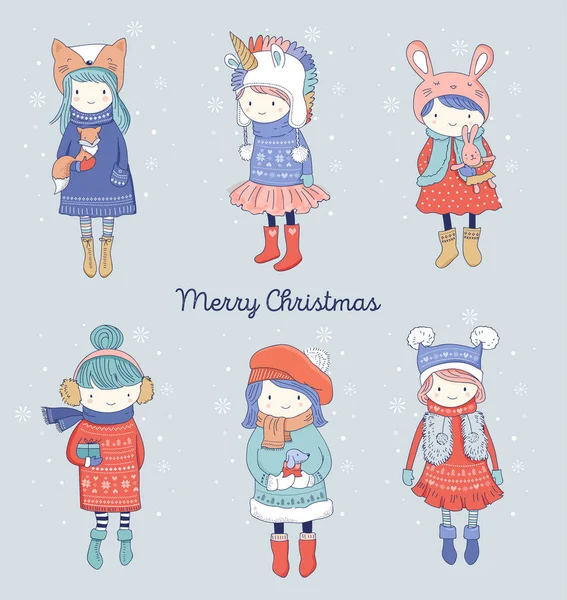 Dibujado a mano hermosa linda colección de niñas de invierno. Feliz Navidad tarjetas de felicitación diseño — Vector de stock