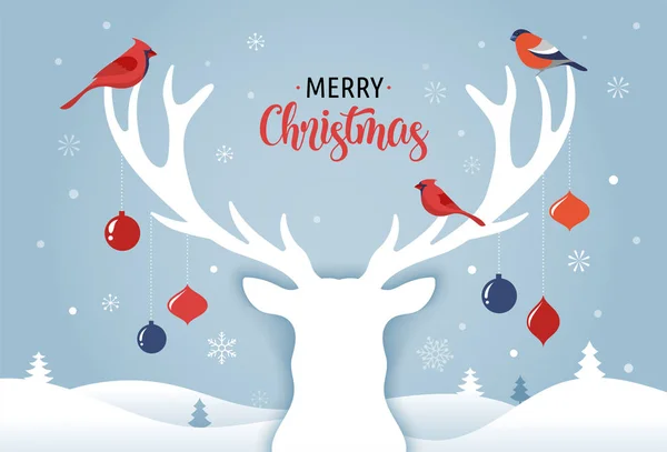 Banner de Feliz Navidad, fondo de plantilla de Navidad con silueta de ciervo, decoración de Navidad y aves — Vector de stock