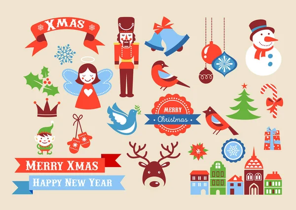 Merry Christmas-iconen, retro stijlelementen en illustratie, tags en labels — Stockvector