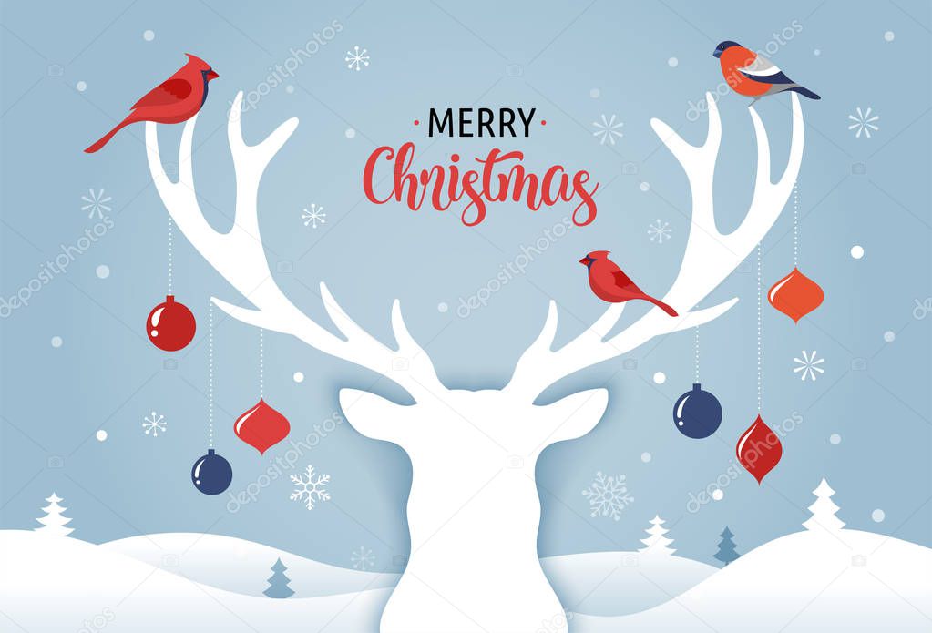 Merry Christmas banner, Xmas template background with deer silhouette, Xmas decoration and birds