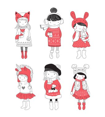 El güzel şirin küçük kış kız koleksiyonu çekilmiş. Neşeli Noel tebrik kartları tasarımı
