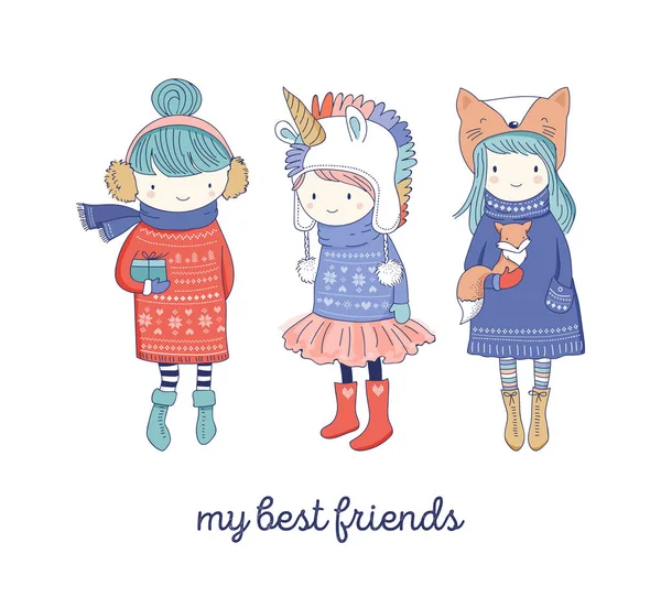 Ručně tažené krásné roztomilé malé zimní dívky kolekce. Veselé Vánoce pohlednice návrh — Stockový vektor