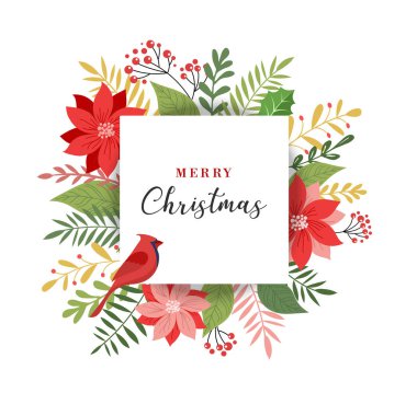 Yaprak, çiçek ve kuş zarif, modern ve klasik tarzda neşeli Noel tebrik kartı