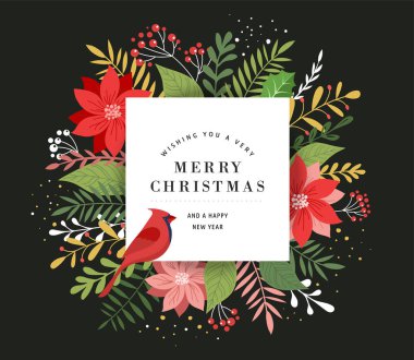 Yaprak, çiçek ve kuş zarif, modern ve klasik tarzda neşeli Noel tebrik kartı