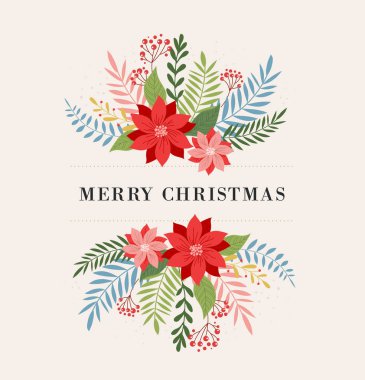 Yaprak, çiçek ve kuş zarif, modern ve klasik tarzda neşeli Noel tebrik kartı