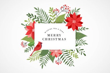 Yaprak, çiçek ve kuş zarif, modern ve klasik tarzda neşeli Noel tebrik kartı
