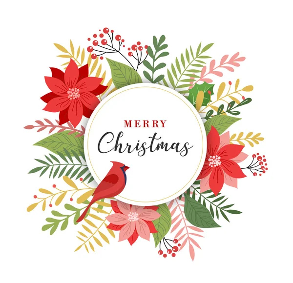 Tarjeta de felicitación de Feliz Navidad en estilo elegante, moderno y clásico con hojas, flores y aves — Vector de stock