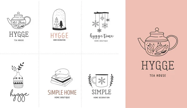 Hygge - Danimarka, koleksiyonu el basit yaşam zarif ve temiz logo, öğeleri çizilmiş — Stok Vektör