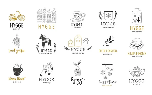 Hygge - Vida simples em dinamarquês, coleção de logotipos elegantes e limpos desenhados à mão, elementos — Vetor de Stock