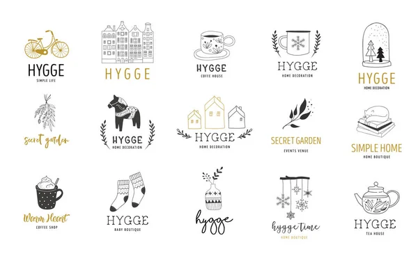 Hygge - einfaches Leben auf dänisch, Sammlung von von Hand gezeichneten eleganten und sauberen Logos, Elementen — Stockvektor