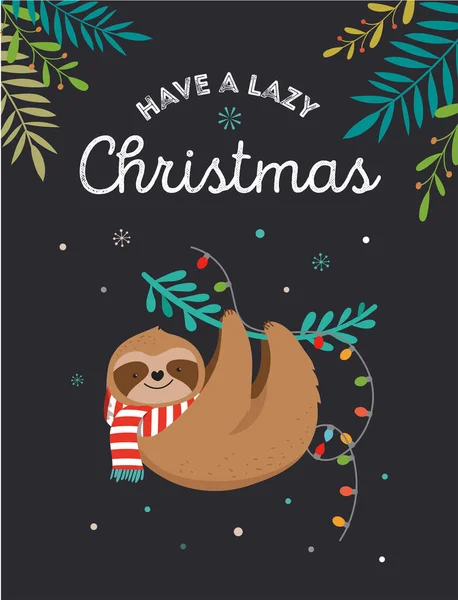 Schattig luiaards, grappige kerst illustraties met Santa Claus kostuums, muts en sjaals, wenskaarten set, banner — Stockvector