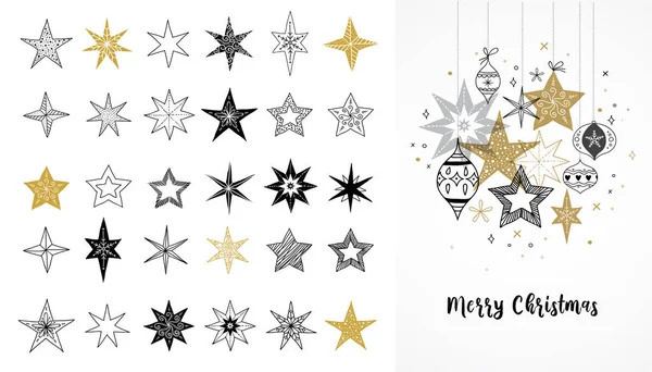 Colección de copos de nieve, estrellas, decoraciones navideñas, ilustraciones dibujadas a mano — Vector de stock