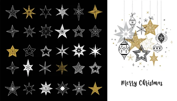 Coleção de flocos de neve, estrelas, decorações de Natal, ilustrações desenhadas à mão — Vetor de Stock