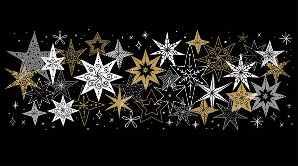 Colección de copos de nieve, estrellas, decoraciones navideñas, ilustraciones dibujadas a mano — Archivo Imágenes Vectoriales