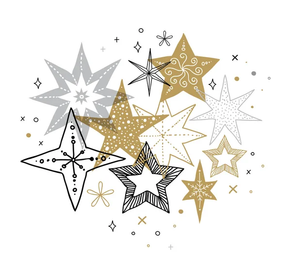 Çizilen illüstrasyon el zarif Merry Christmas arka plan, afiş ve tebrik kartı, kar taneleri, yıldız, Xmas süslemeleri, toplama