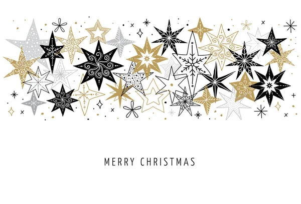 Elegante Merry Christmas achtergrond, banner en wenskaart, verzameling van sneeuwvlokken, sterren, Xmas decoratie, hand getekende illustratie — Stockvector